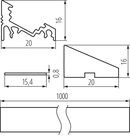 Aluminium-Eckaufsatzprofil PROFILO C 1m Silber mit mattiertem Schirm und Endkappen KANLUX