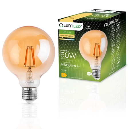 3x LED Lampen E27, Dekorative Glühbirne G95 6W = 50W 660lm 360° 2000K warm Glühfaden Amber LUMILED