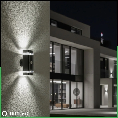 Gartenwandleuchte oben unten 2x GU10 Schwarz Bewegungs- und Dämmerungssensor HEDERA LUMILED