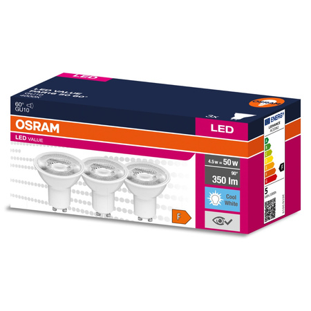 3x LED Leuchtmittel GU10 4,5W = 50W 350lm 4000K Neutral 60° OSRAM VALUE