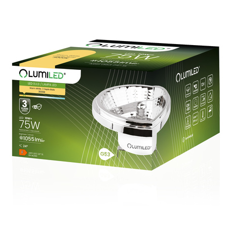 LED Lampen G53 AR111 10W = 75W 1055lm 3000K Warm 24° 12V AC/DC Silber LUMILED