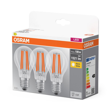3x LED Lampen E27 A60 CL 11W = 100W 1521lm 2700K Wärme 300° Filament OSRAM BASE