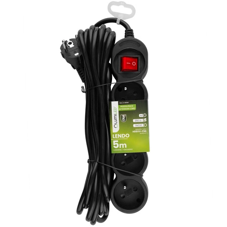 Netzverlängerungskabel Geerdete Steckdosenleiste 4 Steckdosen 5m ON/OFF Schalter Schwarz Lendo Lumiled Cord
