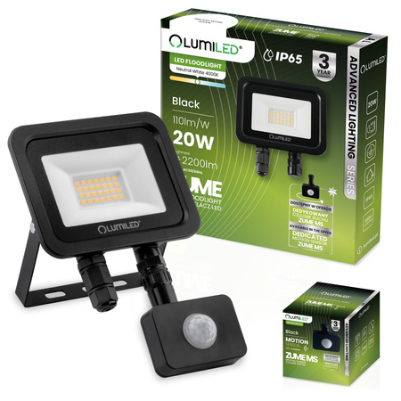 LED-Strahler 20W, LED-Flutlicht ZUME mit Bewegungsmelder 2200lm 4000K IP65 Schwarz ALS LUMILED