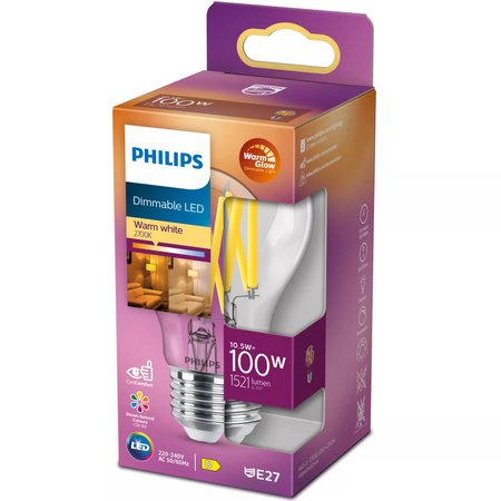 LED Lampen E27 A60 10,5 W = 100 W, 1521 lm, 2700 warmes Filament, PHILIPS, dimmbar