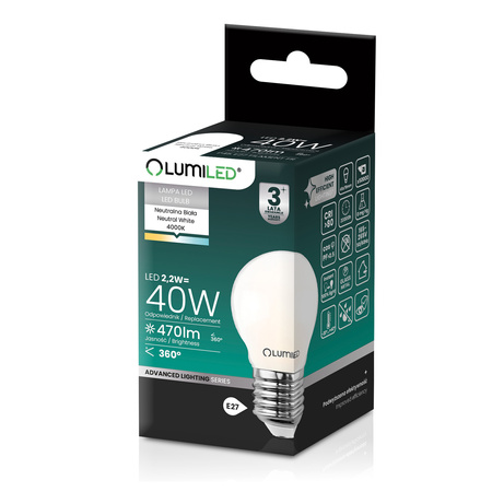 LED-Lampe E27 Kugel P45 2,2W 470lm = 40W 4000K neutralweiß 360° Filament Energieklasse A LUMILED