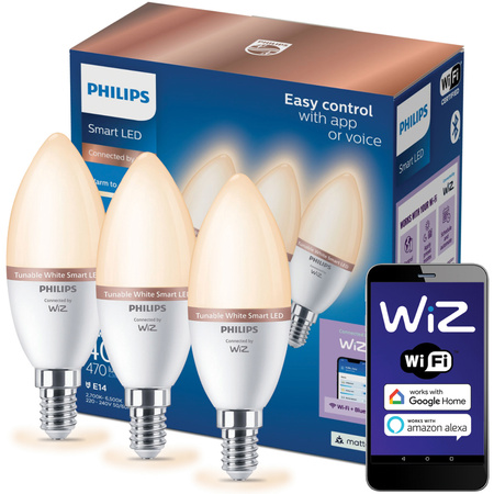 3x LED-Lampe E14 C37 4.9W = 40W 470lm 2700-6500K SMART WiFi Philips WiZ