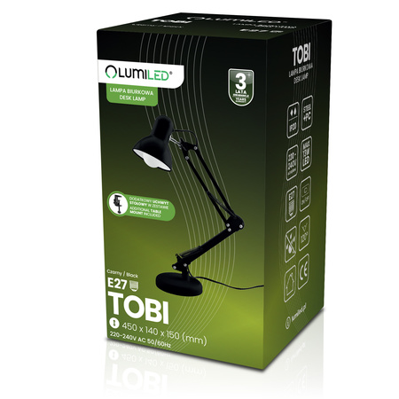 Schreibtischlampe E27, Zeichentisch-Schreibtischlampe mit Tischklemme Schwarz TOBI LUMILED