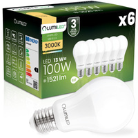 6x LED Lampen E27, Glühbirne A60 13W = 100W 1521lm 260° 3000K warm LUMILED