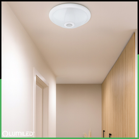 LED-Deckenleuchte 2xE27, Aufputzleuchte mit Bewegungs- und Dämmerungssensor 38cm Runde Weiß REGIS LUMILED