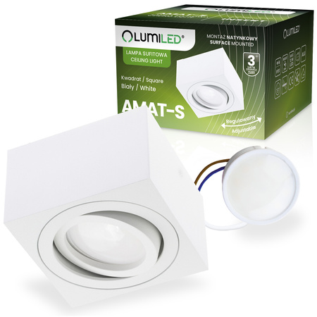 Halogen-Aufbauleuchte GU10, Aufbauspot 50mm beweglich Quadrat Weiß+LED-Einsatz 7W 3000K AMAT-S LUMILED