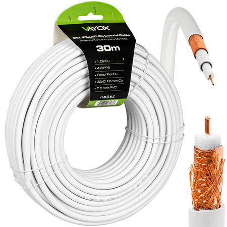 Antennen Koaxialkabel Kupfer Gel CU Terrestrisch 4K Full HD Weiß 30M VAYOX