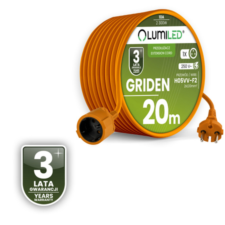 Garten Verlängerungskabel Konstruktion Single 1 Sockel 20m Orange Cord GRIDEN Lumiled