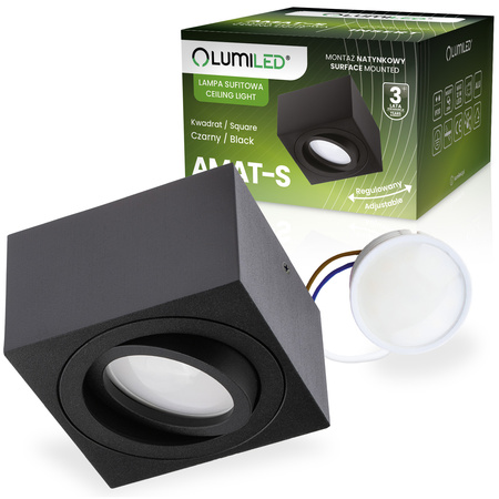 Halogen-Aufbauleuchte, Aufbauspot 50mm Quadrat Tube Schwarz AMAT-S+LED-Einsatz 7W 3000K LUMILED