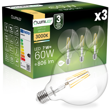 3x LED-Lampe E27 Sphere G125 7W = 60W 806lm 3000K Warm 360° FILAMENT LUMILED