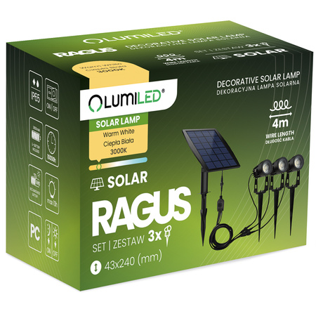 3x Solar-LED-Lampe, Solar Gartenleuchten IP65 3000K Schwarz RAGUS LUMILED