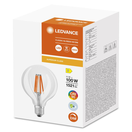 Globe E27 G95 LED Lampen 11W = 100W 1521lm 4000K Neutral 300° CRI90 Filament Dimmbar LEDVANCE Superior