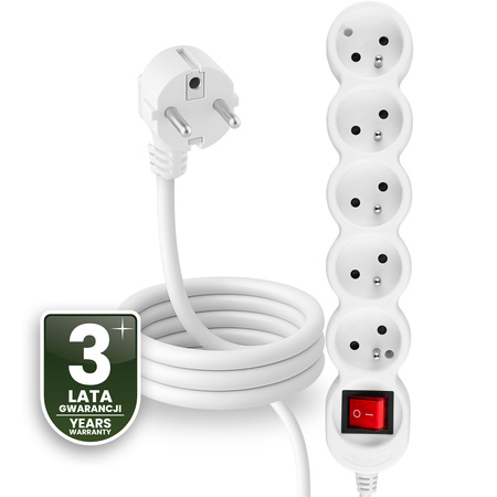 Netzverlängerungskabel Geerdete Steckdosenleiste 5 Steckdosen 1.5m ON/OFF Schalter Weißes Kabel Lendo Lumiled