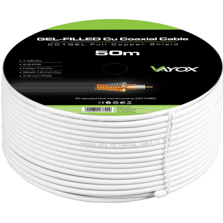 Antennen Koaxialkabel Kupfer Gel CU Terrestrisch 4K Full HD Weiß 50M VAYOX