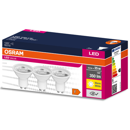 3x LED Leuchtmittel GU10 4,5W = 35W 350lm 2700K Warm 120° OSRAM Value