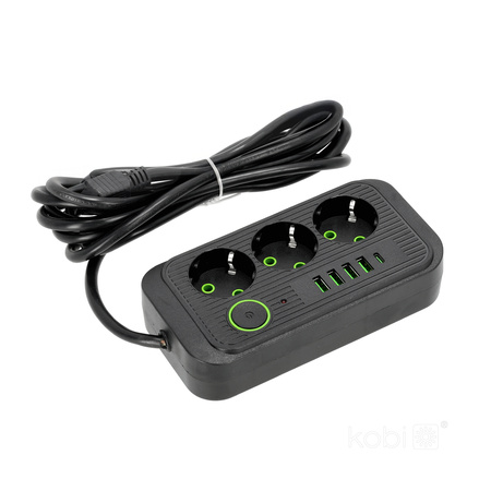 KOBI LINEA PRO Verlängerungskabel 3x230V 3m Masse, Schalter und 5xUSB Schwarz