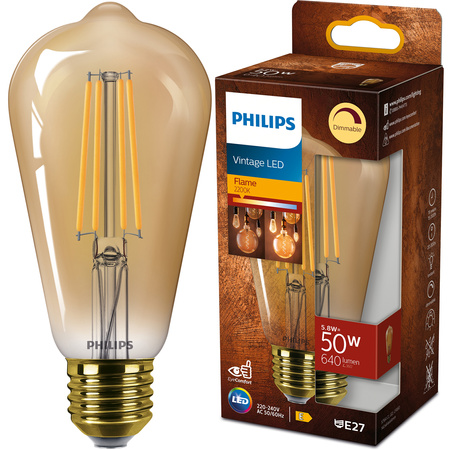 Edison LED Lampen E27 ST64 5,8 W = 50 W, 640 lm, 2200 K, warmes Filament, bernsteinfarben, PHILIPS, dimmbar