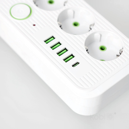 KOBI LINEA PRO Verlängerungskabel 3x230V 3m Masse, Schalter und 5xUSB Weiß