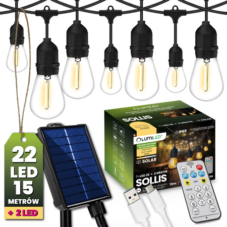 Solar-Garten-Lichterkette 22x LED Dekorative Glühbirnen 15m + Fernbedienung IP65 2700K Warm SOLLIS LUMILED
