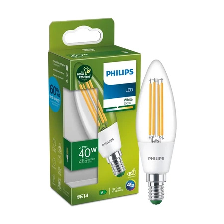 LED-Kerzenlampe E14 B35 2,3 W = 40 W 485 lm 3000 K warmes Filament PHILIPS Ultra effizient