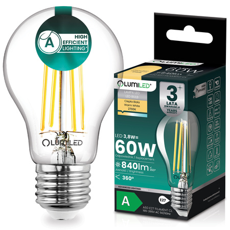LED-Lampe E27 A60 3,8W 840lm = 60W 2700K warmweiß 360° Filament Energieklasse A LUMILED