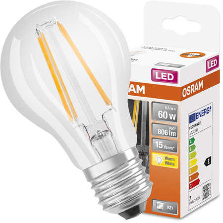 LED Leuchtmittel E27 A60 CL 6,5W = 60W 806lm 2700K Warm 300° OSRAM STAR Filament