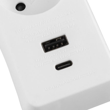 Netzverlängerungskabel Geerdete Steckdosenleiste 3 Steckdosen 3m EIN/AUS Schalter Weiß USB + USB-C Kabel ELGER Lumiled