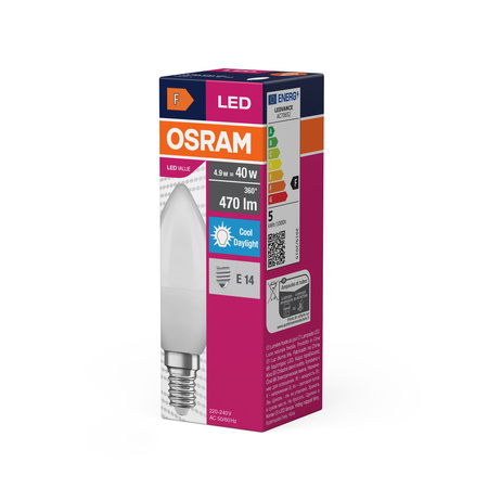 LED-Lampe B37 Kerze E14 4.9W = 40W 470lm 6500K Kalt 180° VALUE CLASSIC Osram