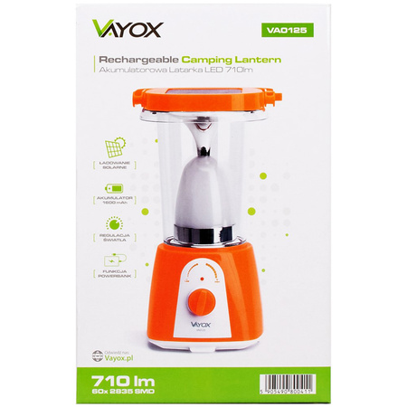 Wiederaufladbare Camping-Taschenlampe 710lm 6000K Solar USB Powerbank VA0125 VAYOX