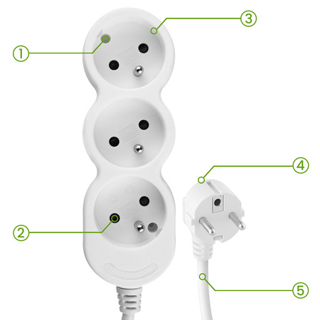 Netzverlängerungskabel Geerdete Steckdosenleiste 3 Steckdosen 3m Weißes Kabel Lendo Lumiled