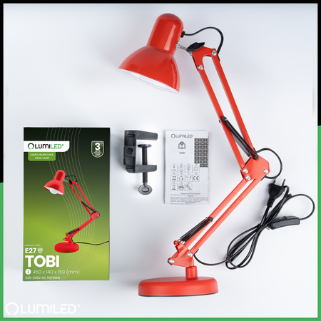 Schreibtischlampe E27, Zeichentisch-Schreibtischlampe mit Tischklemme Rot TOBI LUMILED