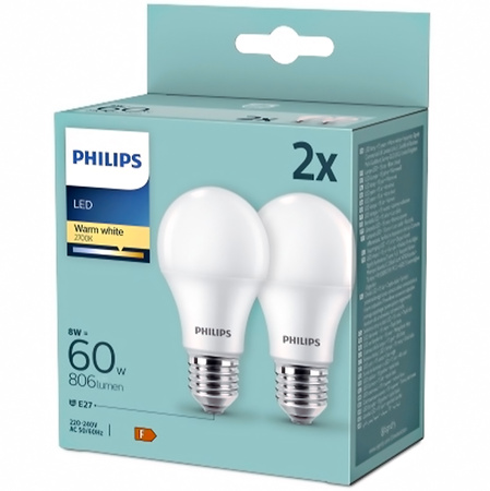 2x LED Lampen E27 A60 8W = 60W 806lm 2700K Warm PHILIPS