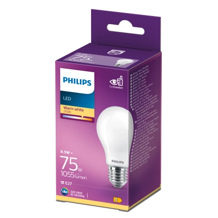 E27 A60 LED Lampen 8,5 W = 75 W, 1055 lm, 2700 K, warmes Filament, milchig, PHILIPS