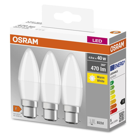 3x LED-Lampe B37 Kerze B22d 4.9W = 40W 470lm 2700K Warm 200° BASE Osram
