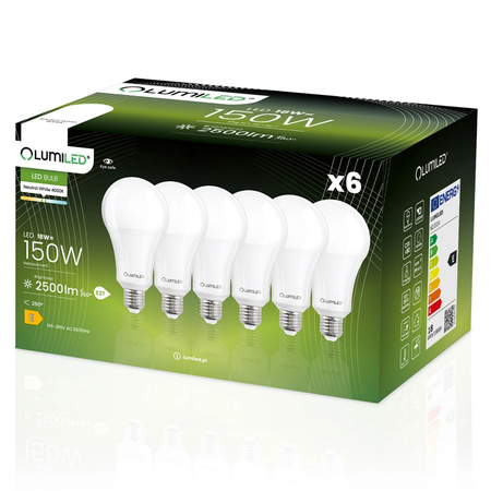 6x LED Lampen E27, Glühbirne A80 18W = 150W 2500lm 260° 4000K neutral LUMILED