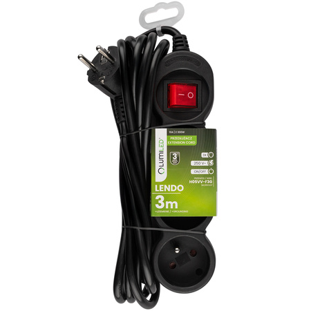 Netzverlängerungskabel Geerdete Steckdosenleiste 3 Steckdosen 3m ON/OFF Schalter Schwarz Lendo Lumiled Cord