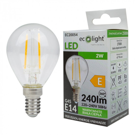 LED-Lampe Kugel P45 E14 2W 240lm 2700K warmweiß FILAMENT Ecolight