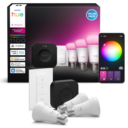3x LED-Glühbirne E27 A60 8.1W = 75W 1100lm CCT + RGB SMART Smart Bluetooth ZigBee Weiß und Farbe Ambiance + Bridge PRO Bridge + Philips HUE Remote Controller