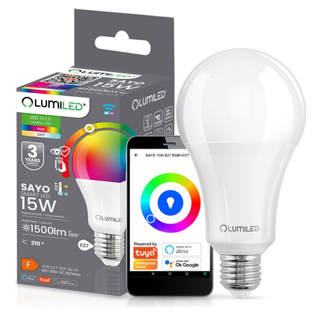 Lampen E27, Glühbirne A70 15W = 100W 1500lm CCT RGB Dimmbar Intelligent TUYA WiFi SMART SAYO LUMILED