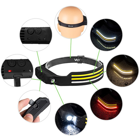 Wiederaufladbare Kopftaschenlampe 3x COB + XPE Pro Series VA0130 VAYOX