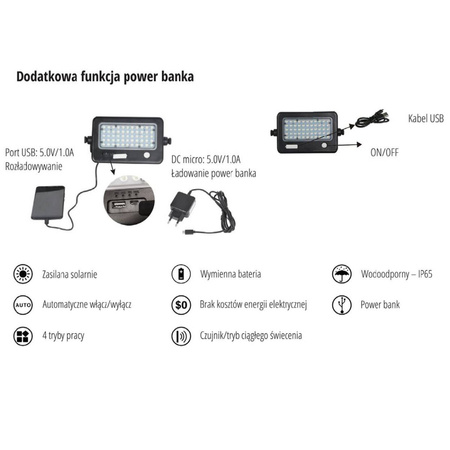 LED HALOGEN Solarfluter 10W 4000K 1100lm KOBI Bewegungsmelder Power Bank