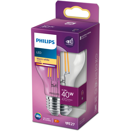 E27 A60 LED Lampen 4,3 W = 40 W, 470 lm, 2700 K, warmes Filament PHILIPS