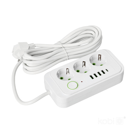 KOBI LINEA PRO Verlängerungskabel 3x230V 5m Masse, Schalter und 5xUSB Weiß