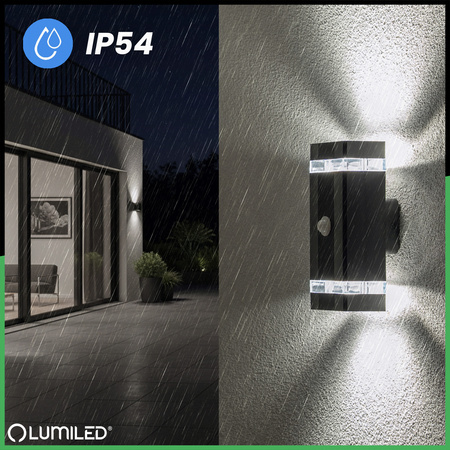 Gartenwandleuchte oben unten 2x GU10 Schwarz Bewegungs- und Dämmerungssensor HEDERA LUMILED