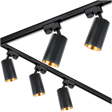 3m Stromschiene Schwarz + 5x Schienenstrahler GU10 Schwarz-Gold SAGI + L-Verbinder LUMILED